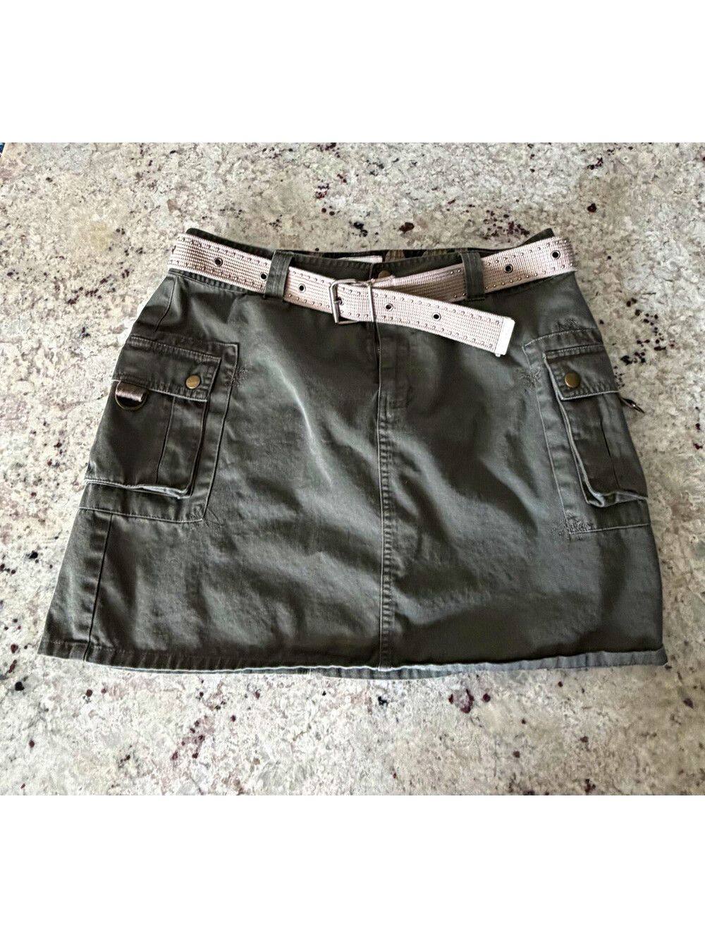 VTG Y2K Fashion Bug Green Cotton Twill Cargo Mini Skirt Belt Pockets Zip Women’s